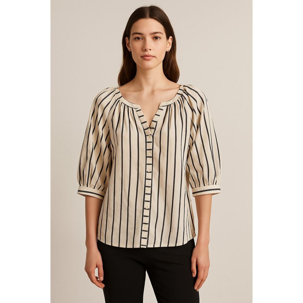 Fifteen Twenty Rilyn Stripe Cotton Shirt in Cream/Black Size L Peasant Blouse